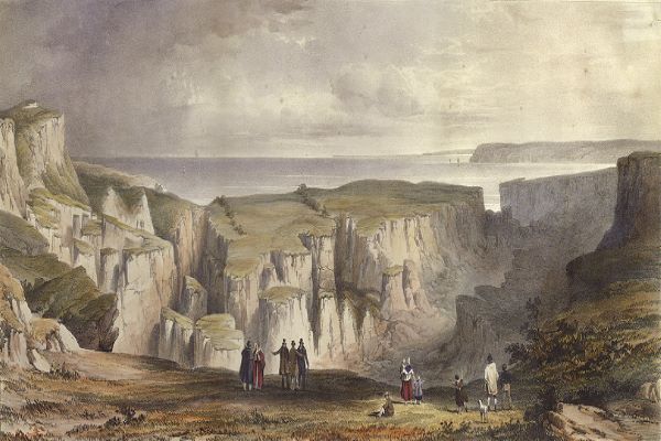 An oil painting of the Bindon landslide, depicting sections of the cliff having slid down lower than other sections. A group of people in Victorian dress are shown in the foreground. 