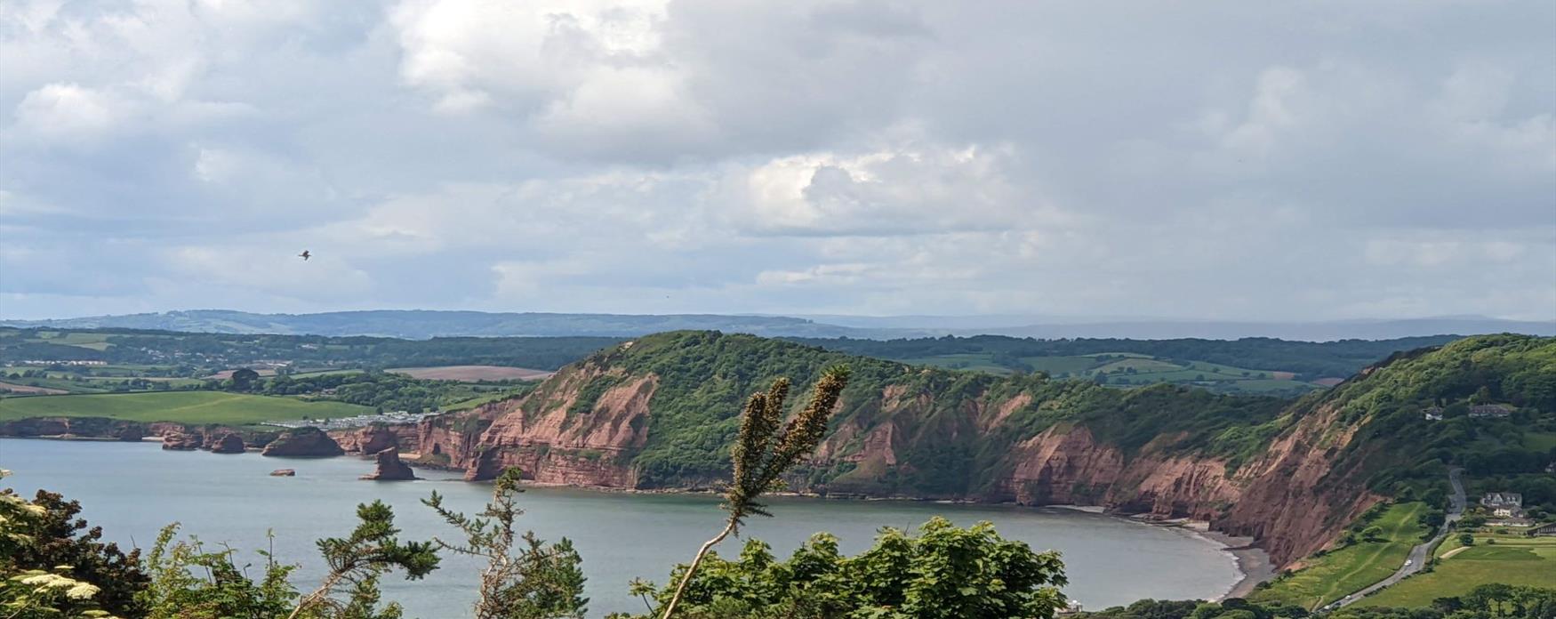 A sweeping image of the red sandstone cliffs of Sidmouth with Ladram Bay sea stacks visible in the distance. The sky has lots of clouds giving the image character.