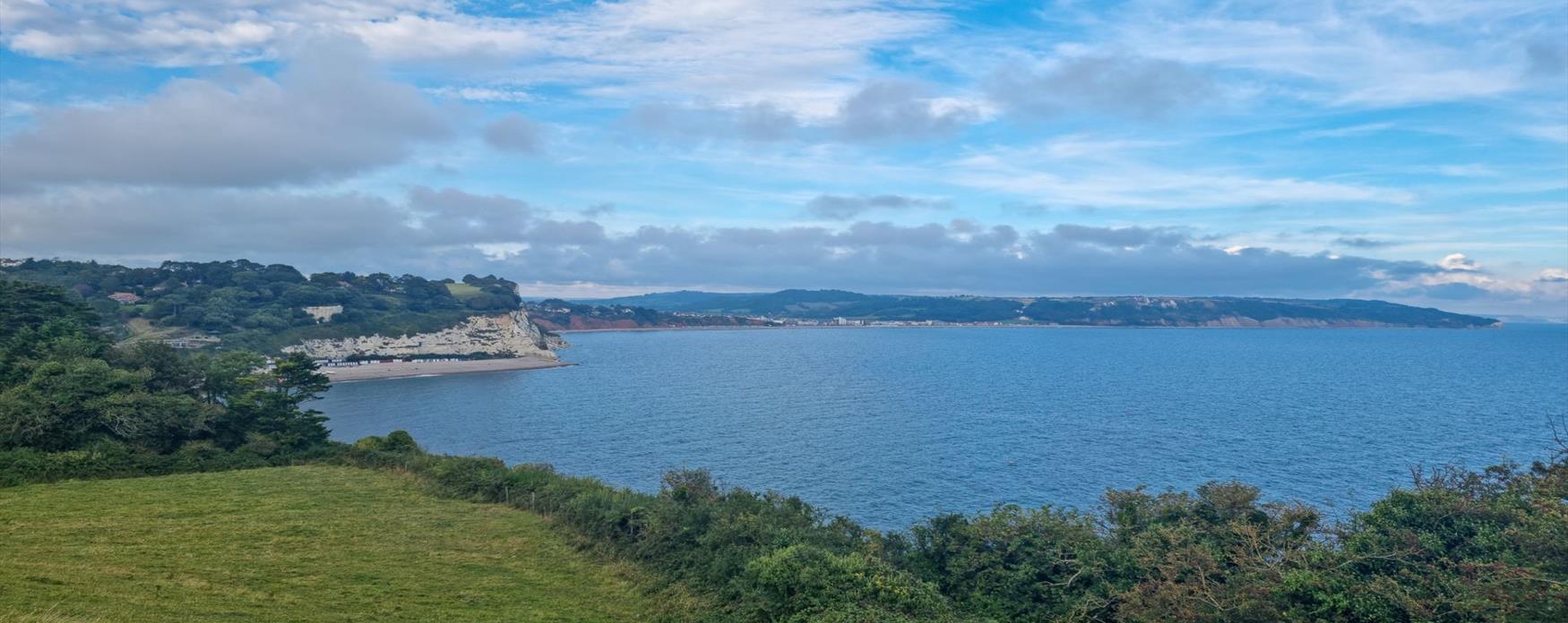 A panoramic view of the Jurassic Coast from Beer to Branscombe. The bright sparkling blue sea dominates the right side of the image, with the sweeping cliffs along the left side coming round in a semi-circle to the right side. The colours of the cliff change from white, to red, to golden with grassy green caps.