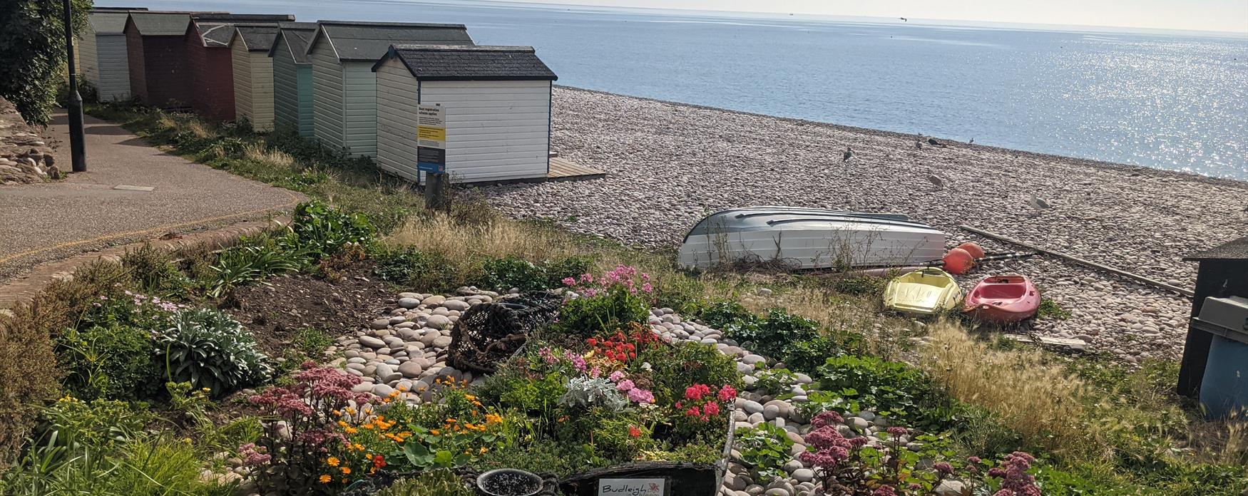 A small rowing boat is sat on a pebble beach filled with brightly coloured flowers of red, pink, yellow, green and orange, surrounded by a small pebble and flower display. The display is sat on a pebble beach in thew sunshine with lightly pastel coloured beach huts behind.