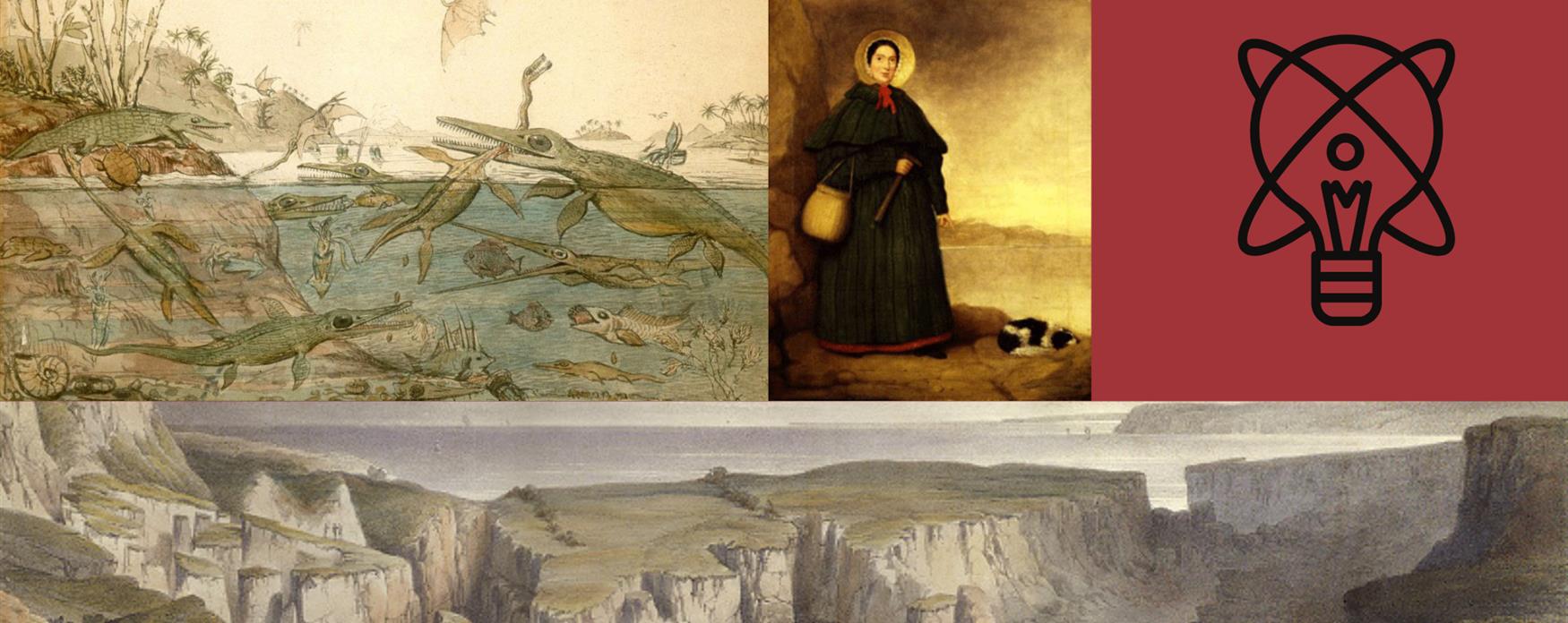 A compilation of images. Top right shows a black outline of a light bulb, to the left of this is a portrait of Mary Anning - dressed in traditional Victorian clothing with a geological hammer. To the left of this is the Durior antiquior - a traditional oil painting of a Jurassic scene. Below this is an oil painting of the Bindon landslip, showing grassy coastal areas having slipped below others.